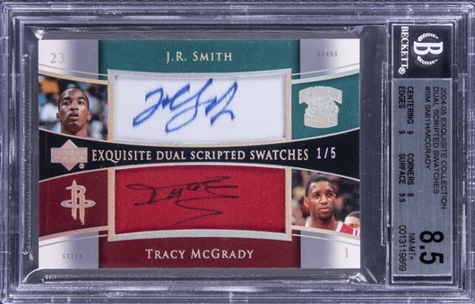 2004-05 UD "Exquisite Collection" Dual Scripted Swatches #SM J.R. Smith/Tracy McGrady Dual Signed Patch Card (#1/5) - BGS NM-MT+ 8.5/BGS 9